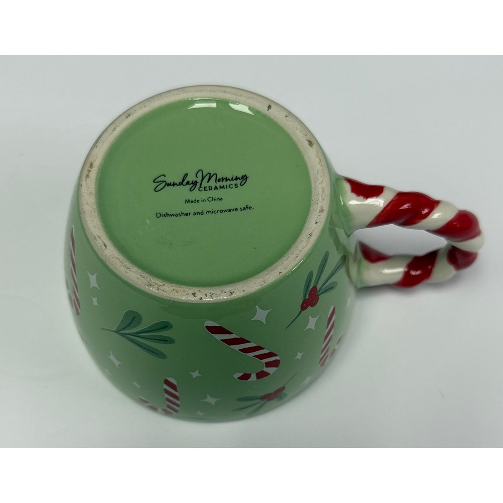 Sunday Morning Ceramics Christmas Mug Green Candy Cane Handle Mistletoe Holiday - Picture 2 of 6